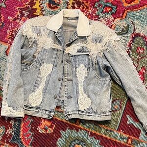 Vintage Vivre jeans Embellished Denim Jacket with Lace and Fringe epaulettes